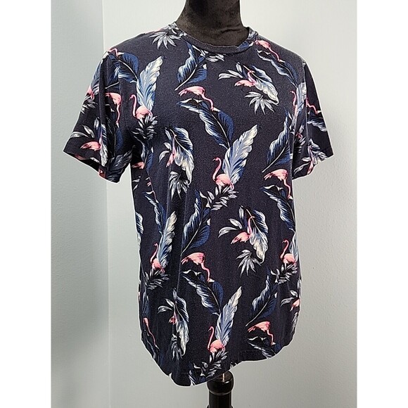 Denim & Flower Ricky Singh Mens Medium Hawaiian Print Flamingo SS T-Shirt Blue - Picture 2 of 8
